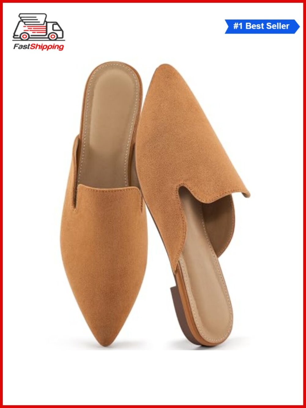 Women's Pointed Toe Mule Flats with Memory Foam Insole and Faux Suede, Slip-On